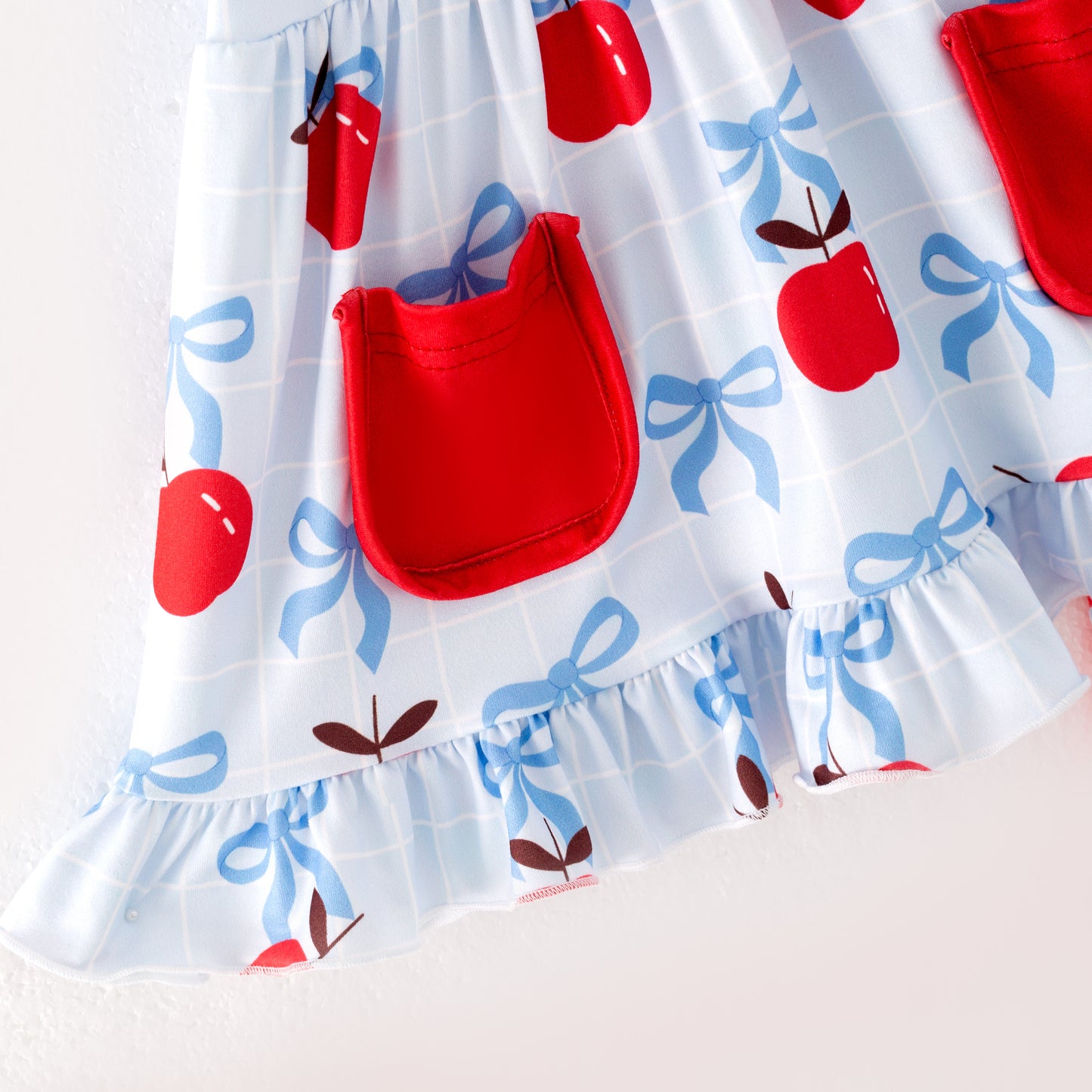 Girls Back To School Red Blue Apple Pocket Short Set