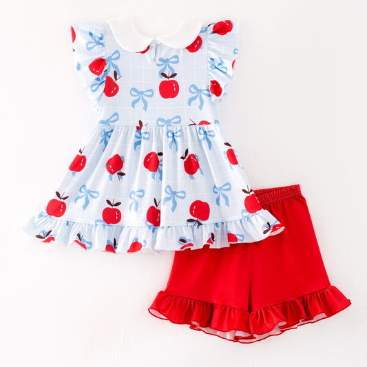 Girls Back To School Red Blue Apple Pocket Short Set
