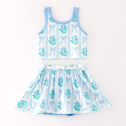 Girls Summer Blue Green Bow Flower Print Athletic Skirt Set