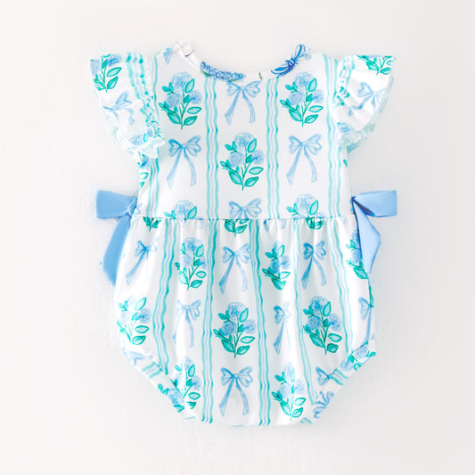 Baby Girls Blue Green Bow Flower Print Bubbles Romper