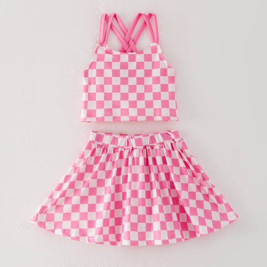 Girls Summer Muti-Colors Plaid Athletic Skirt Set