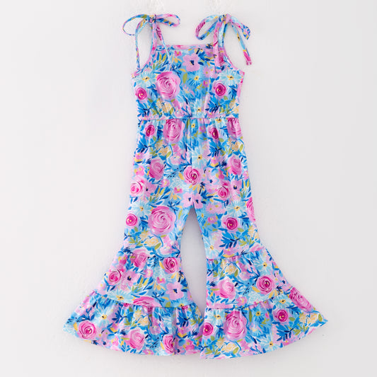 Girls Summer Blue Pink Floral Print Jumpsuit