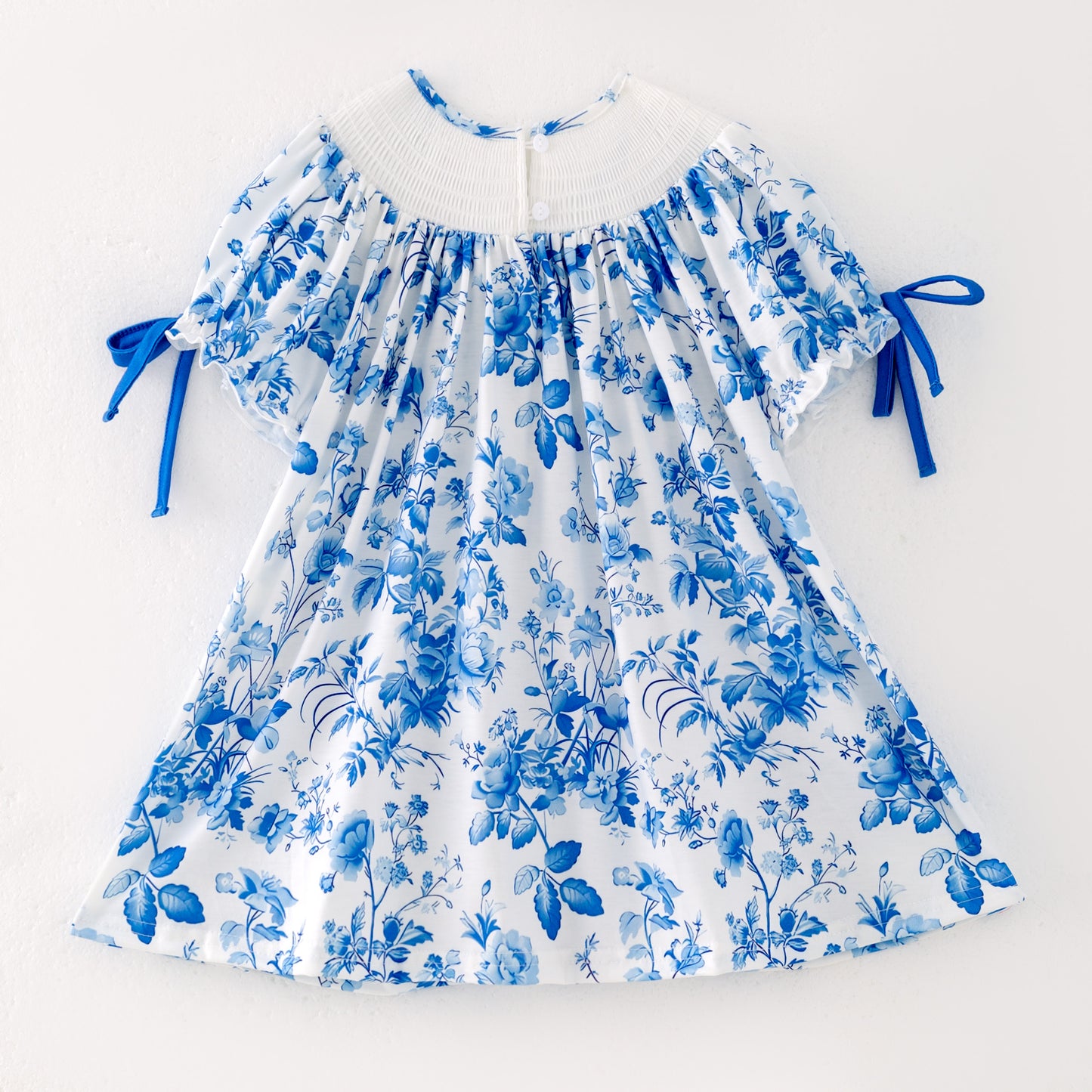 Girls Summer Blue Floral Custom Name Smocked Bow Dress