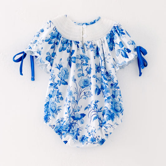 Baby Girls Summer Custom Name Blue Floral Smocked Romper