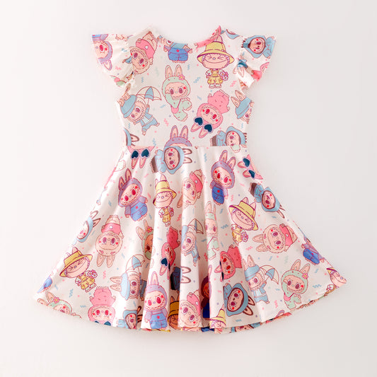 Girls Summer Cute LABUBU Cartoon Print Twirl Dress