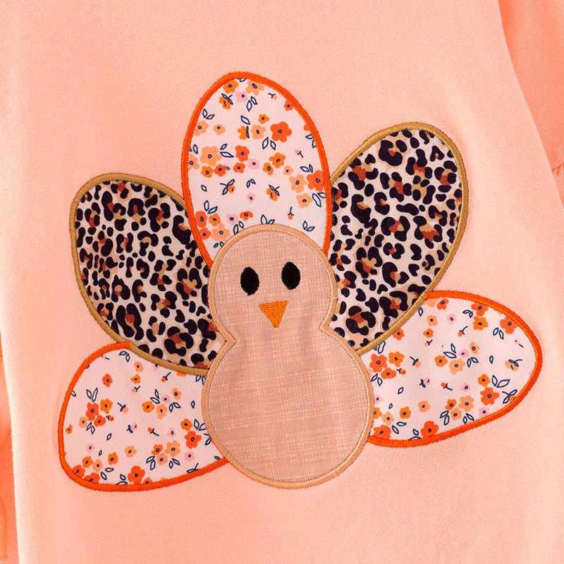 Girls Thanksgiving Turkey Applique Long Sleeves Leopard Pant Set