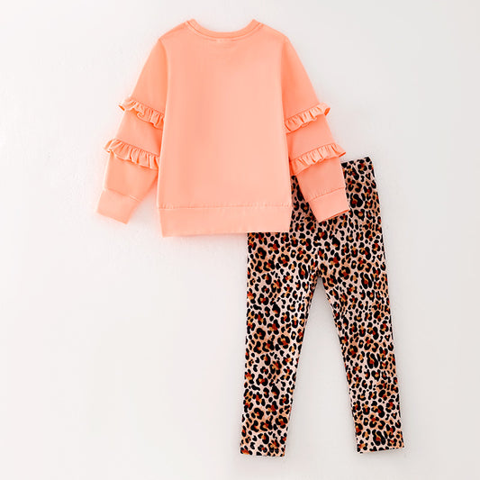 Girls Thanksgiving Turkey Applique Long Sleeves Leopard Pant Set