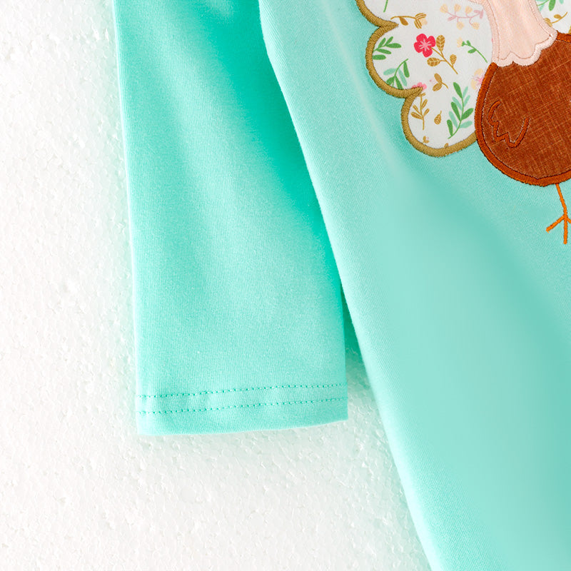 Baby Girls Turkey Applique Mint Cotton Ruffled Romper