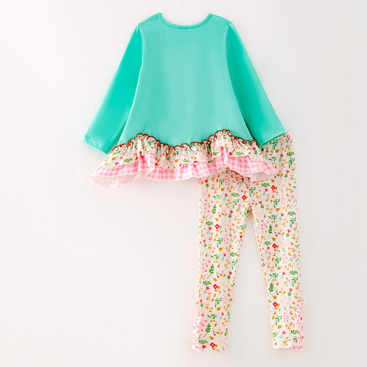 Girls Thanksgiving Turkey Applique Mint Floral Pant Set