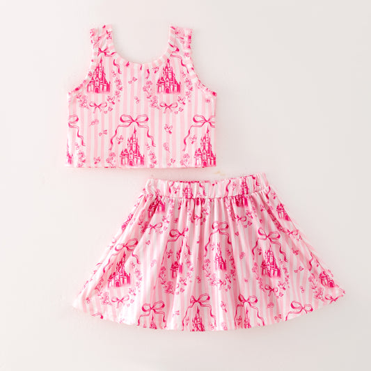 Girls Hot Seller Pink Summer Bow Athletic Soft Milk Silk Skirt Set