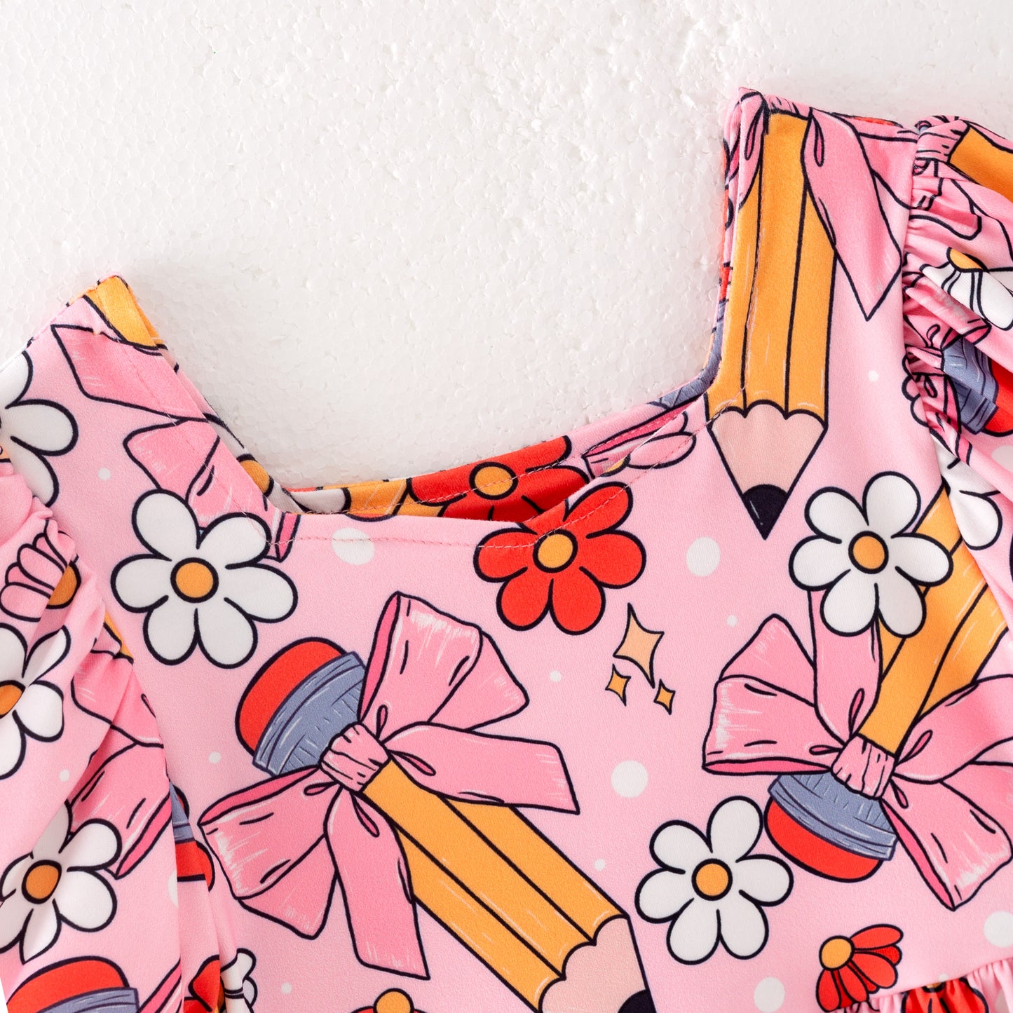 Back to School Puff Sleeve Dress – Apple, Pencil & Bus Print