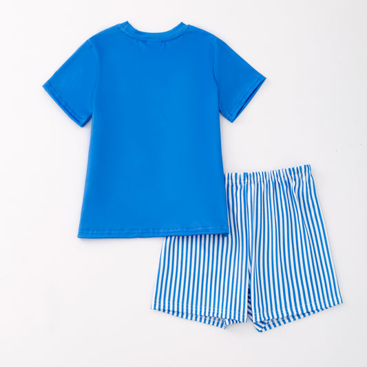 Boys Summer Smocked Custom Name Blue Stripes Short Set