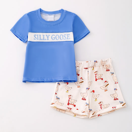 Boys Sibling Summer Silly Goose Embroidery Matching Clothes