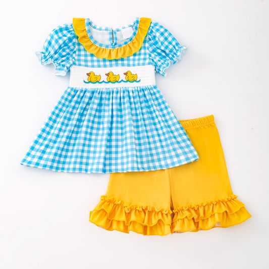 Kids Sibling Summer Rubber Ducks Embroidery Smocked Clothes