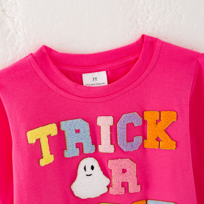 Girls Halloween TRICK OR TREAT Chenille Patches Hot Pink Sweatshirt