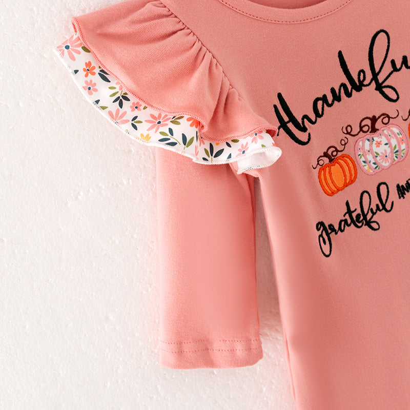 Baby Girls Thankful Grateful Blessed Print Coral Floral Ruffled Romper