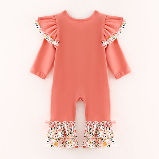 Baby Girls Thankful Grateful Blessed Print Coral Floral Ruffled Romper