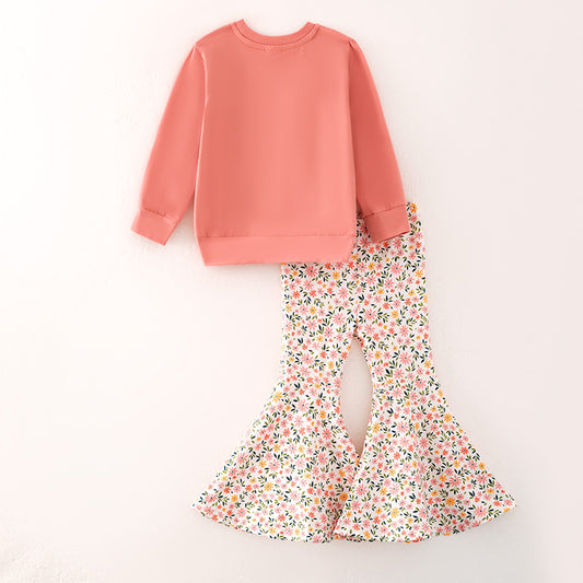 Girls Thankful Grateful Blessed Print Coral Floral Bell Pant Set