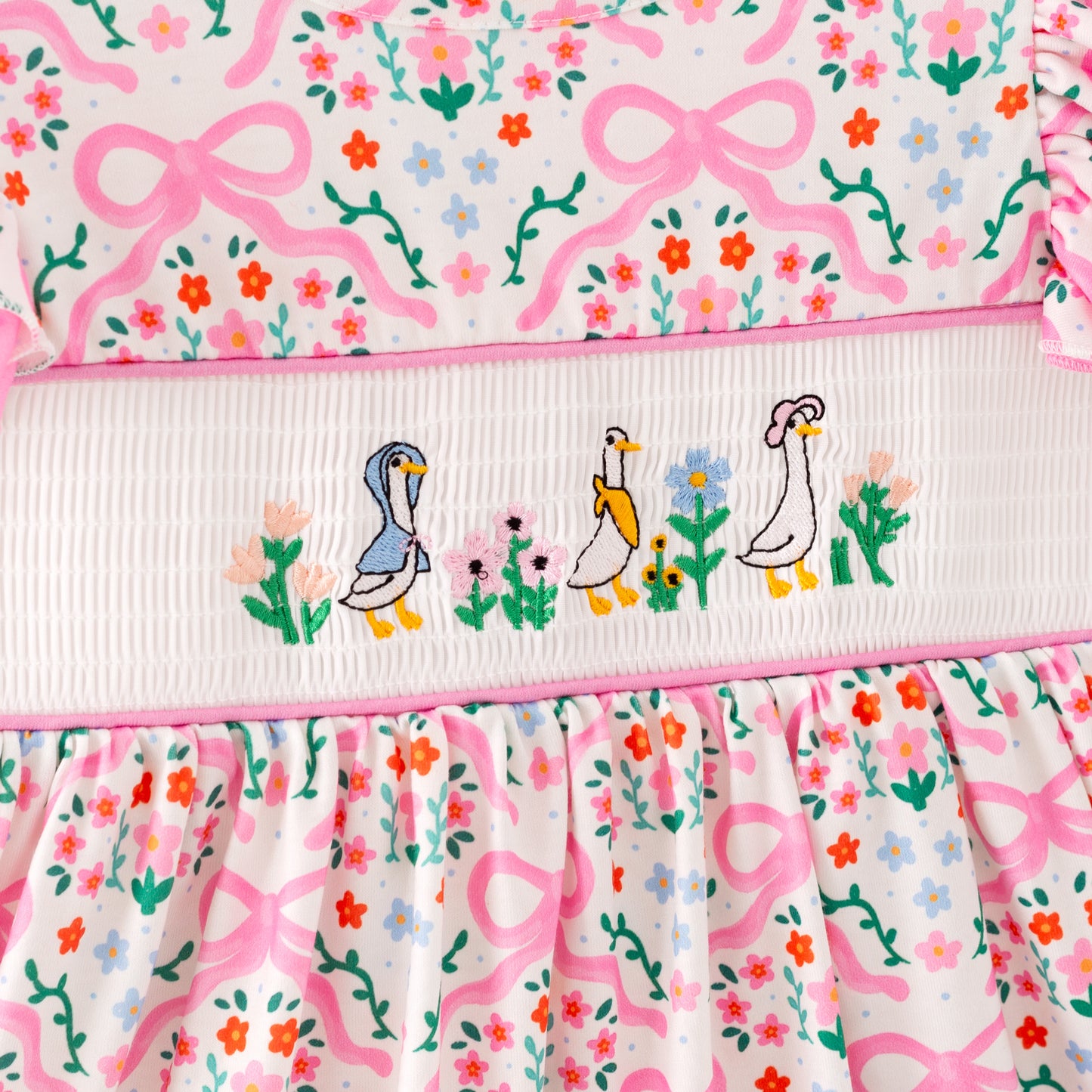 Girls Summer Pink Floral Silly Goose Embroidery Smock Clothes