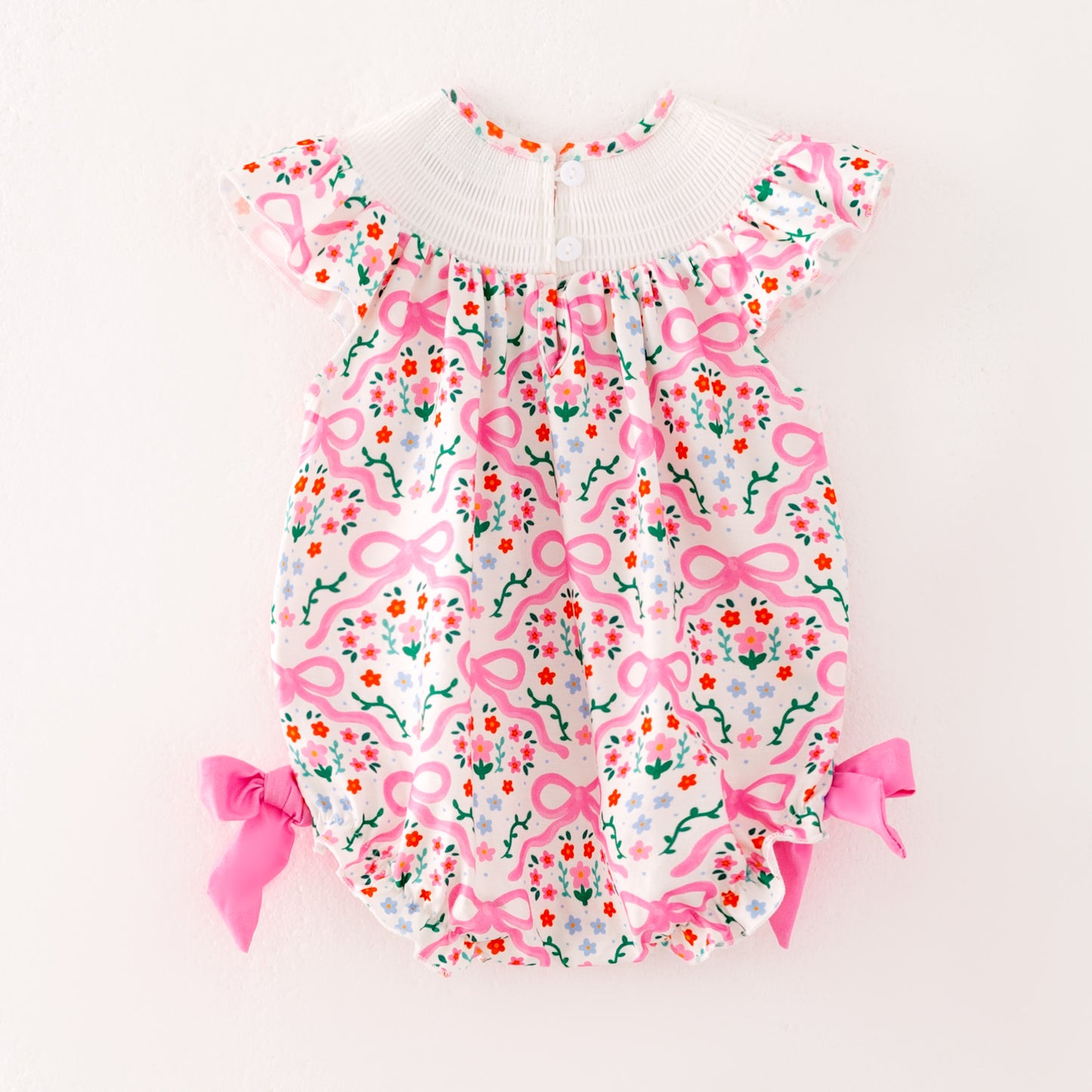 Girls Summer Pink Floral Silly Goose Smock Embroidery Romper
