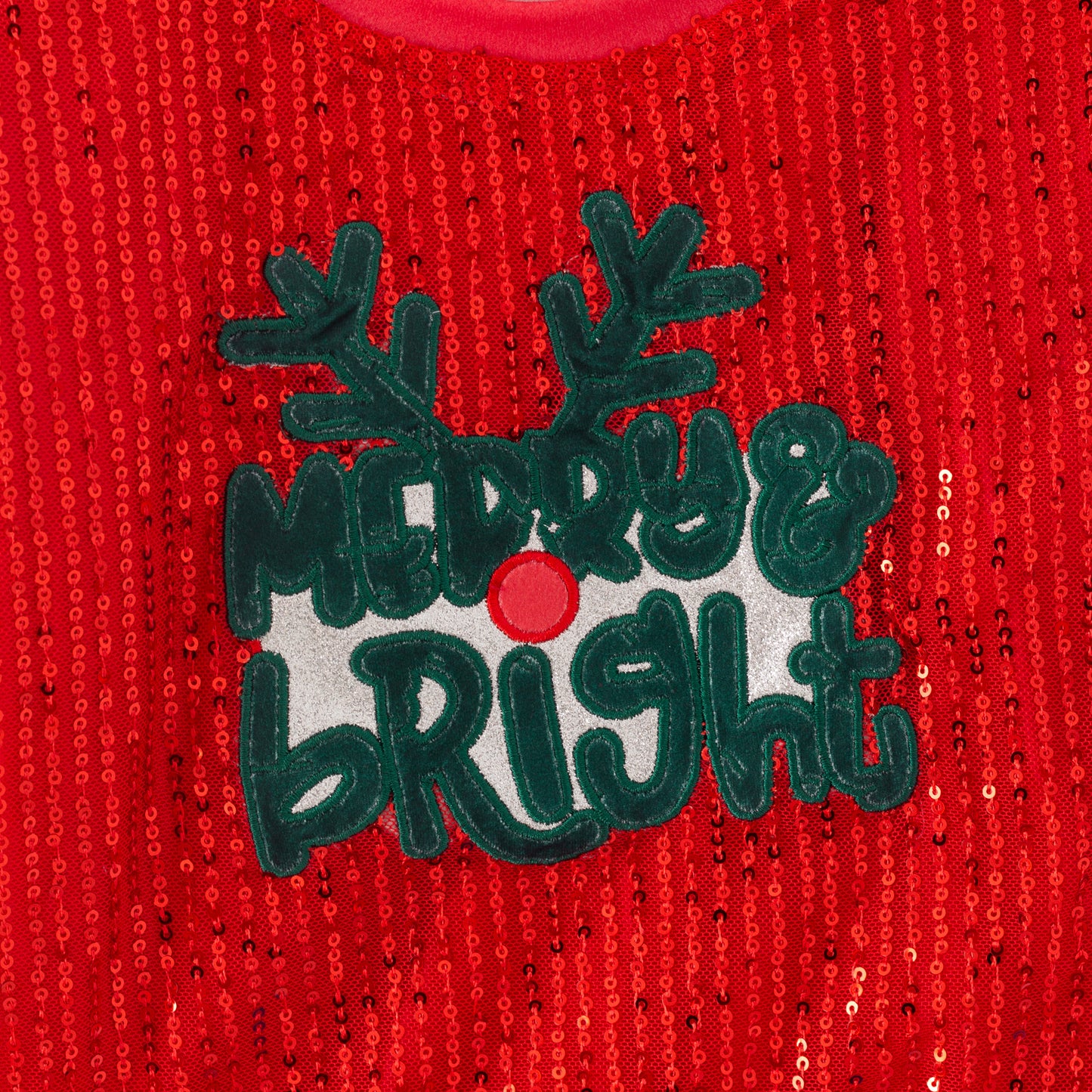 Girls Christmas MERRY BRIGHT Red Sequins Green Skirt Set