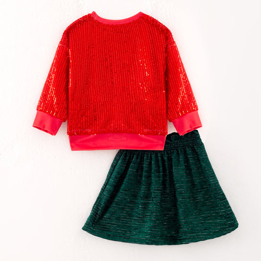 Girls Christmas MERRY BRIGHT Red Sequins Green Skirt Set