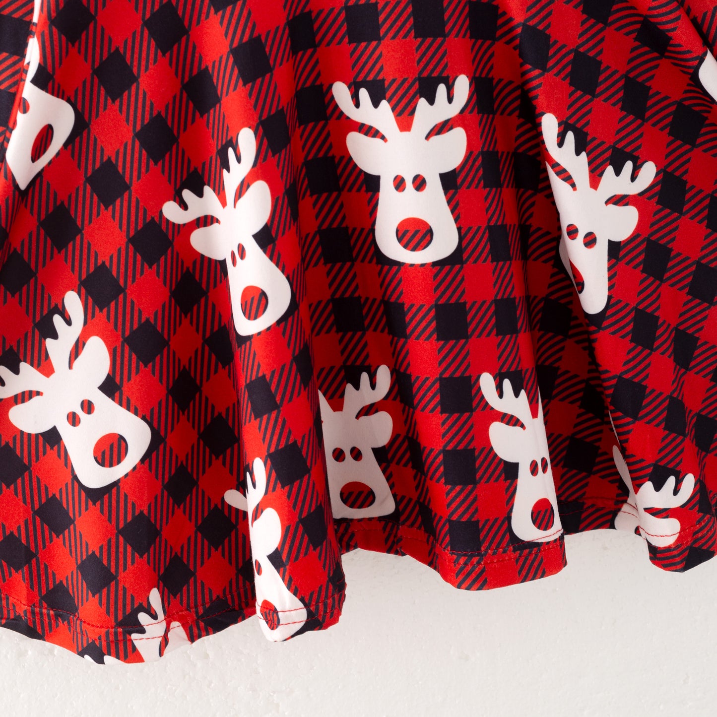Girls Christmas Reindeer Red Black Plaid Long Sleeves Dress