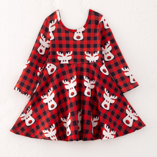 Girls Christmas Reindeer Red Black Plaid Long Sleeves Dress