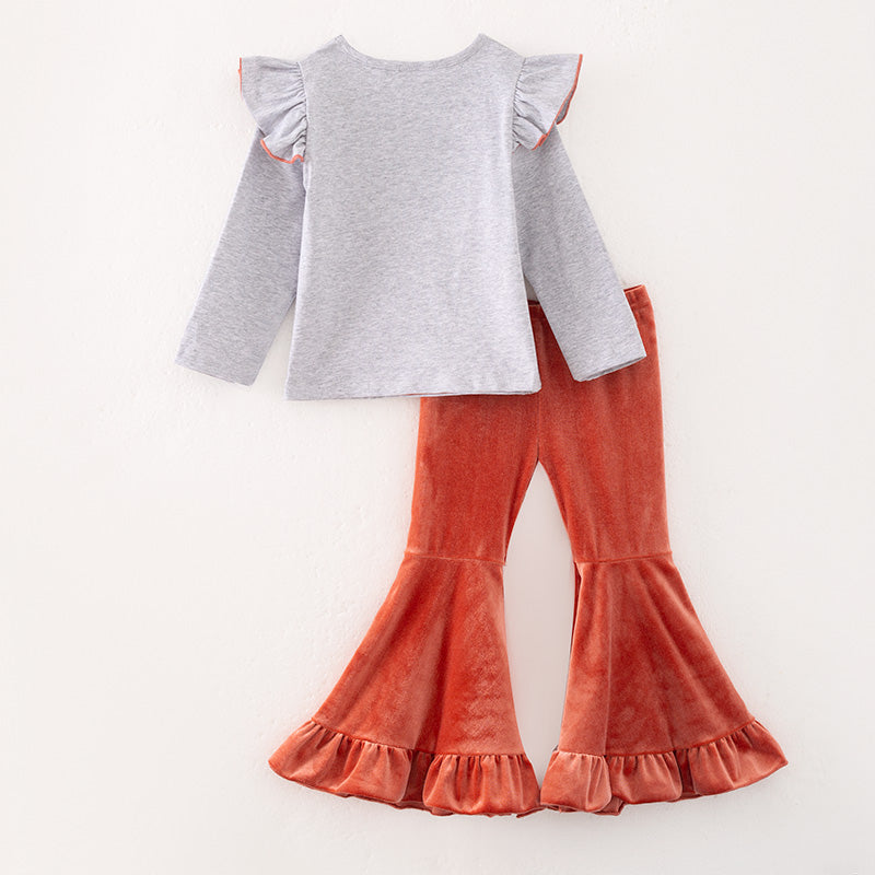 Girls Thanksgiving Pumpkin Cross Print Grey Coral Pant Set
