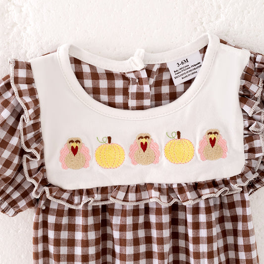 Girls Thanksgiving Pumpkin Turkey Embroidery Brown Plaid Romper