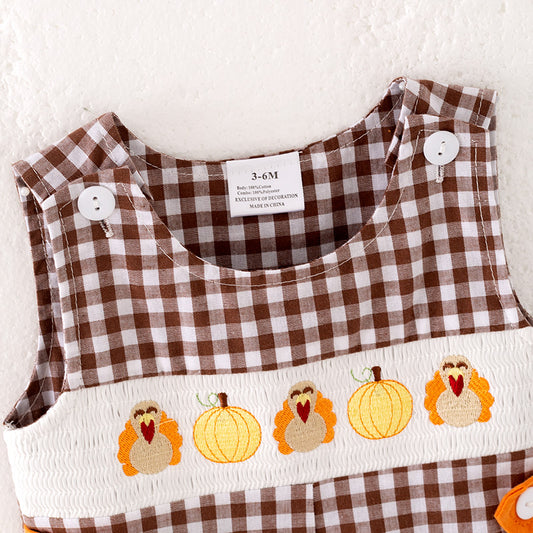 Boys Thanksgiving Pumpkin Turkey Embroidery Smock Romper