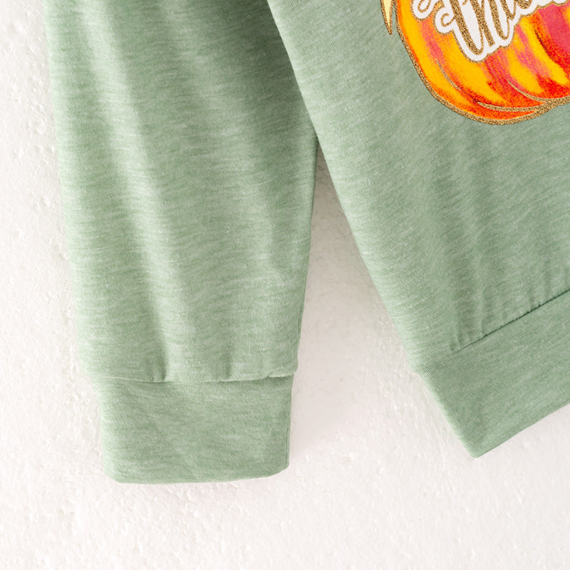 Girls Thanksgiving Pumpkin Bow Ruffled Green Sweatshirt