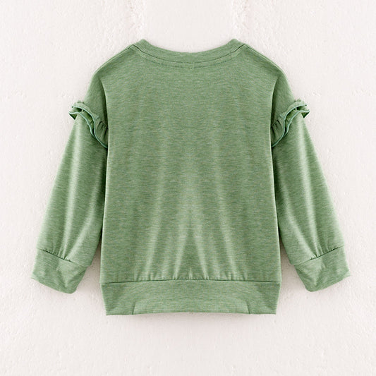 Girls Thanksgiving Pumpkin Bow Ruffled Green Sweatshirt