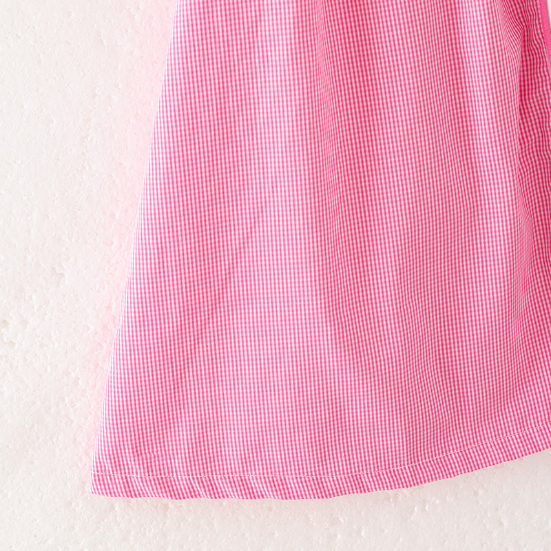 Girls Fall Football Bow Pink Plaid Embroidery Short Sleeves Cotton Dress