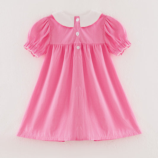 Girls Fall Football Bow Pink Plaid Embroidery Short Sleeves Cotton Dress