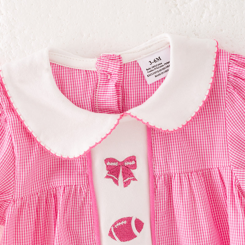 Baby Girls Pink Football Bow Embroidery Bubble Romper