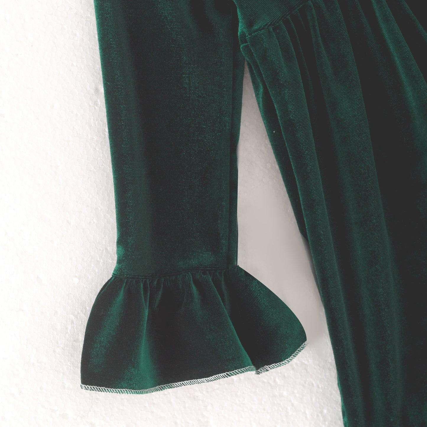 Girls Christmas Green long Sleeves Velvet Ruffled Dress