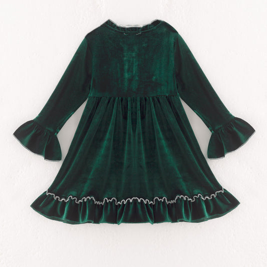 Girls Christmas Green long Sleeves Velvet Ruffled Dress