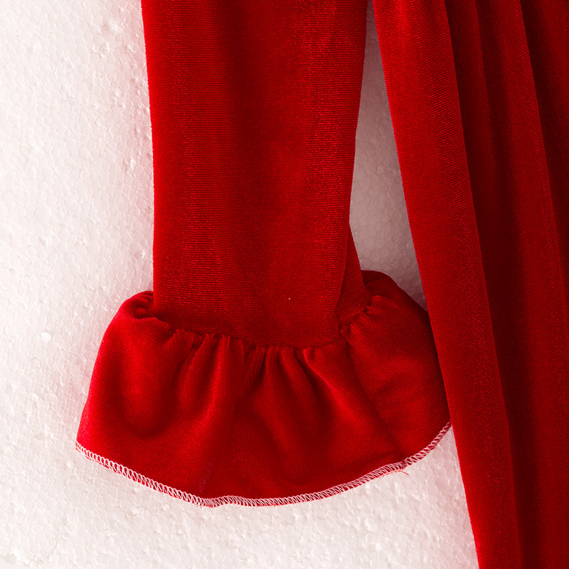 Girls Christmas Red long Sleeves Velvet Ruffled Dress