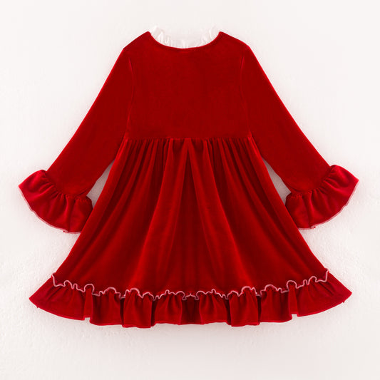 Girls Christmas Red long Sleeves Velvet Ruffled Dress
