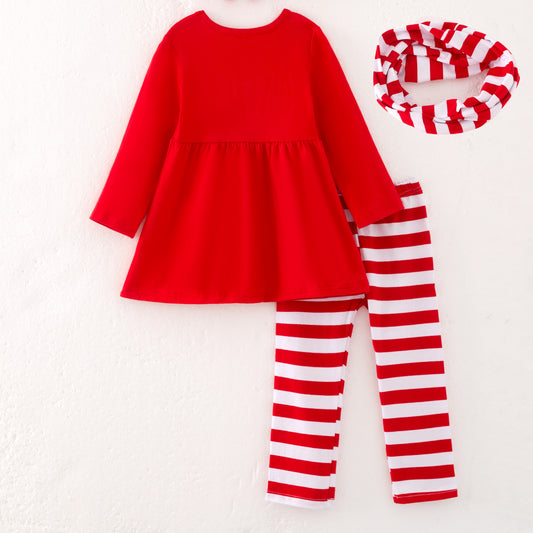 Girls Christmas 3-Pieces Santa Embroidery Red White Scarf Pant Set