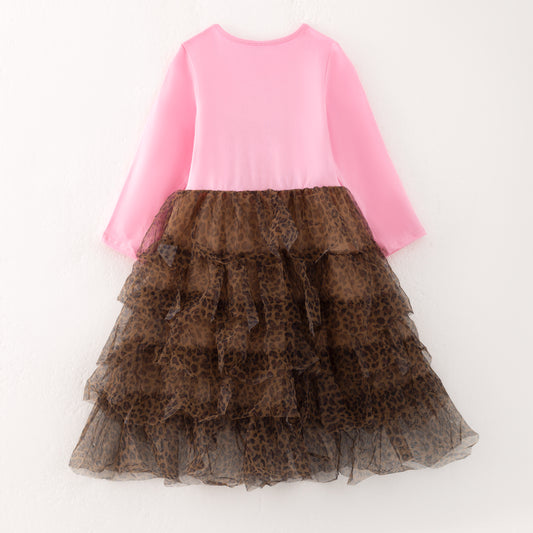 Girls Christmas Pink Santa Embroidery Leopard Tulle Dress