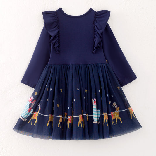 Girls Christmas Navy Gold Glitter Long Sleeves Dress