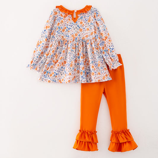Girls Fall Autumn Orange Floral Print 2-Pieces Pant Set