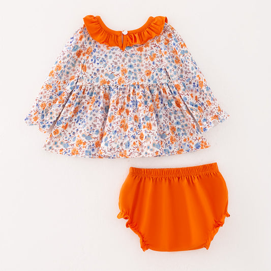 Baby Girls Fall Autumn Orange Floral Print Romper Set