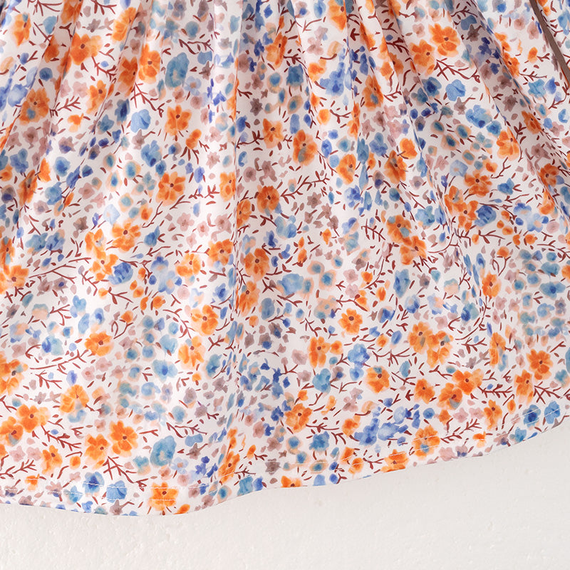 Girls Fall Autumn Orange Floral Print Long Sleeves Dress