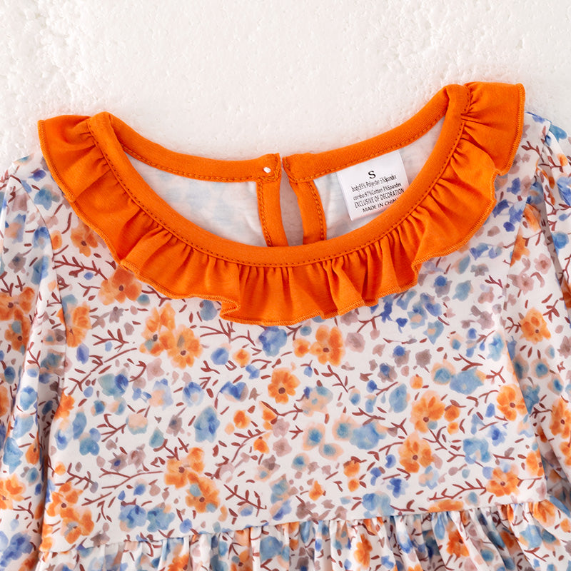 Girls Fall Autumn Orange Floral Print Long Sleeves Dress