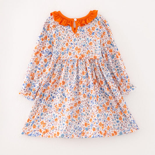 Girls Fall Autumn Orange Floral Print Long Sleeves Dress