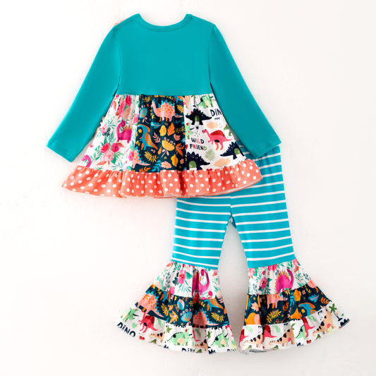 Girls Fall Winter Floral Blue Stripes Patchwork Pocket Pant Set