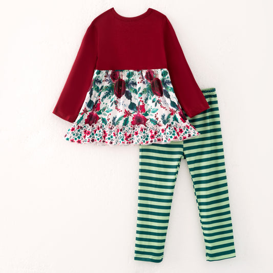 Girls Fall Winter Burgundy Floral Green Stripes Pant Set